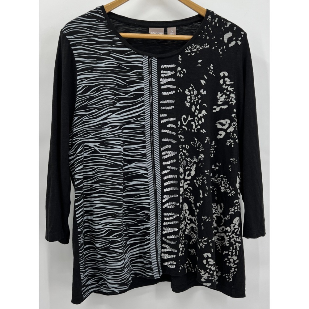 Chicos Mixed Animal Print Sequin Top Black White Zebra Leopard‎ 3/4 Sleeve XL